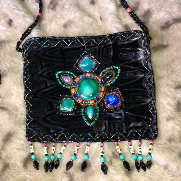 Handbags - RARE 100% silk velvet artisan stone flower purse